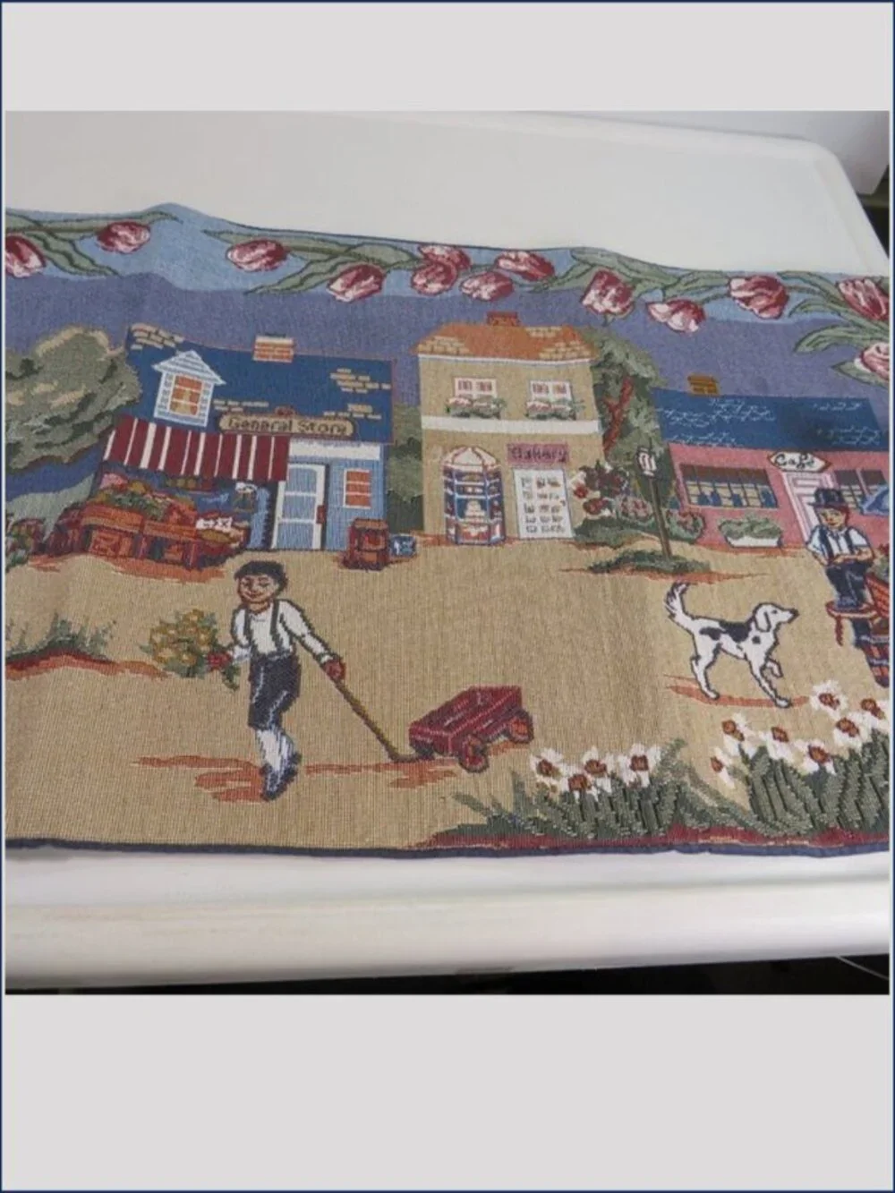 Vintage Woven Tapestry Table Runner Turn of the Century Village Tulip Border